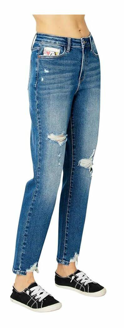 Judy Blue HW Queen of Hearts BF Relax Fit Jean Medium Blue 7 Brand New w/Tags
