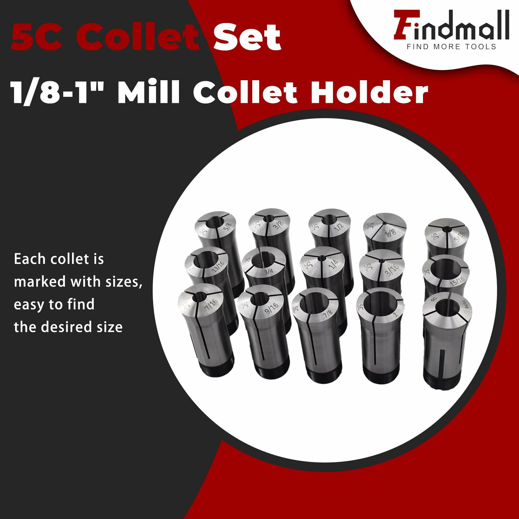findmall 15Pcs 5C Collet Set 1/8-1" Mill Collet Holder for CNC Engraving Machine