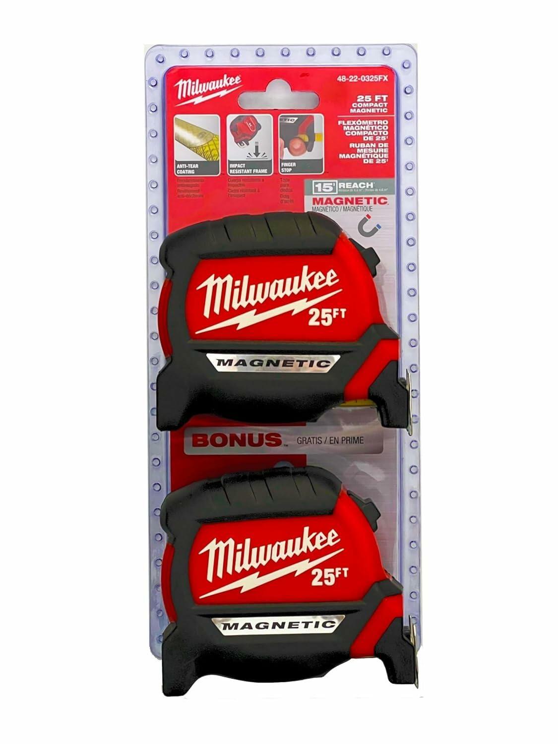 Milwaukee 25 ft. x 1-1/16 in. Magnetic Tape Measure with 15 ft. Reach (2-Pack)…
