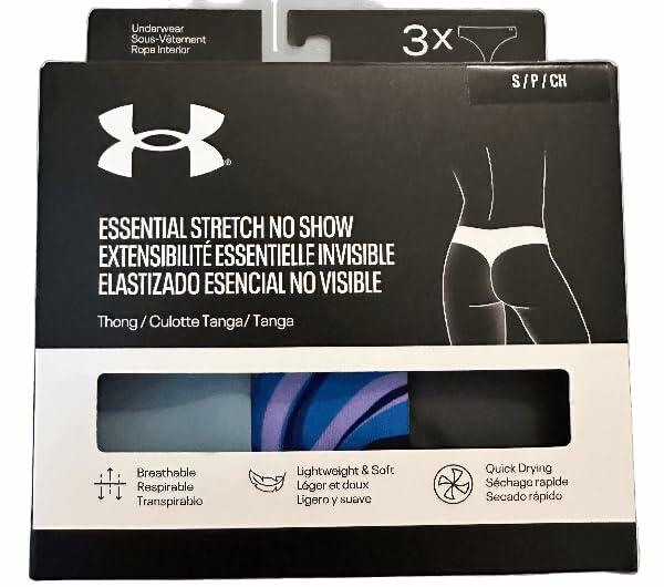 Under Armour Womens Essential Stretch No Show Thong 3 Pack, Blue/Gray/Multi, XS