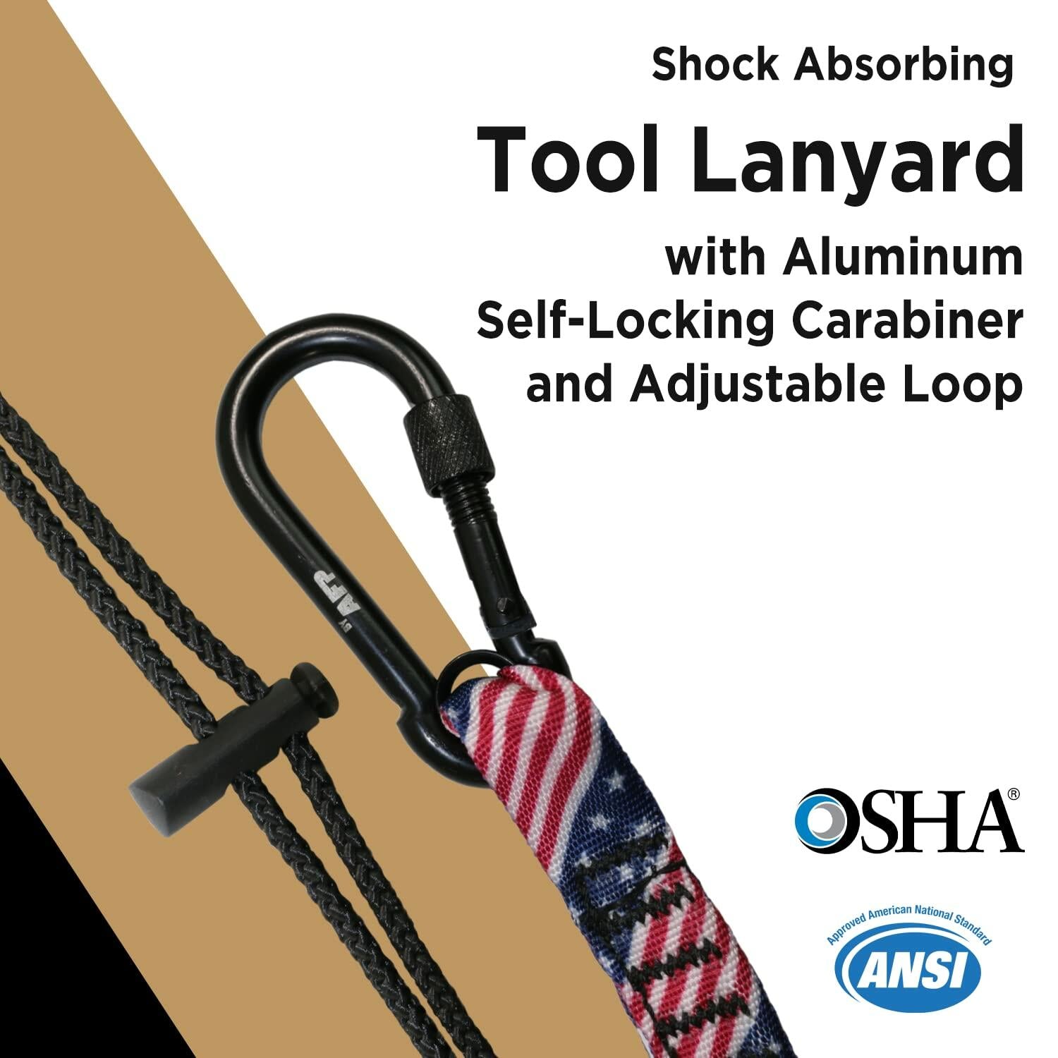American Flag Tool Lanyard, Shock Absorbing w/Aluminum SL Carabiner 15lb
