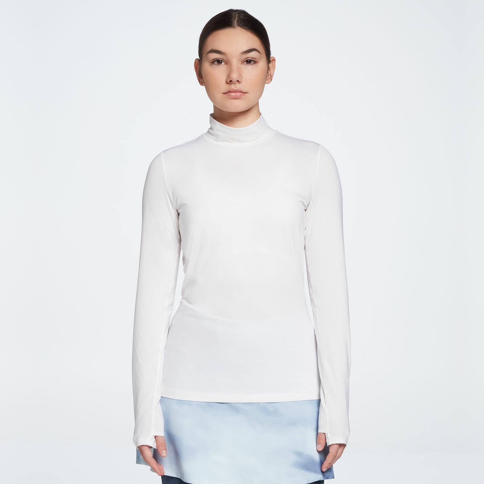 CALIA Women's Golf UV Protection Mock Neck Long Sleeve Golf Polo, Large, Pure Wh