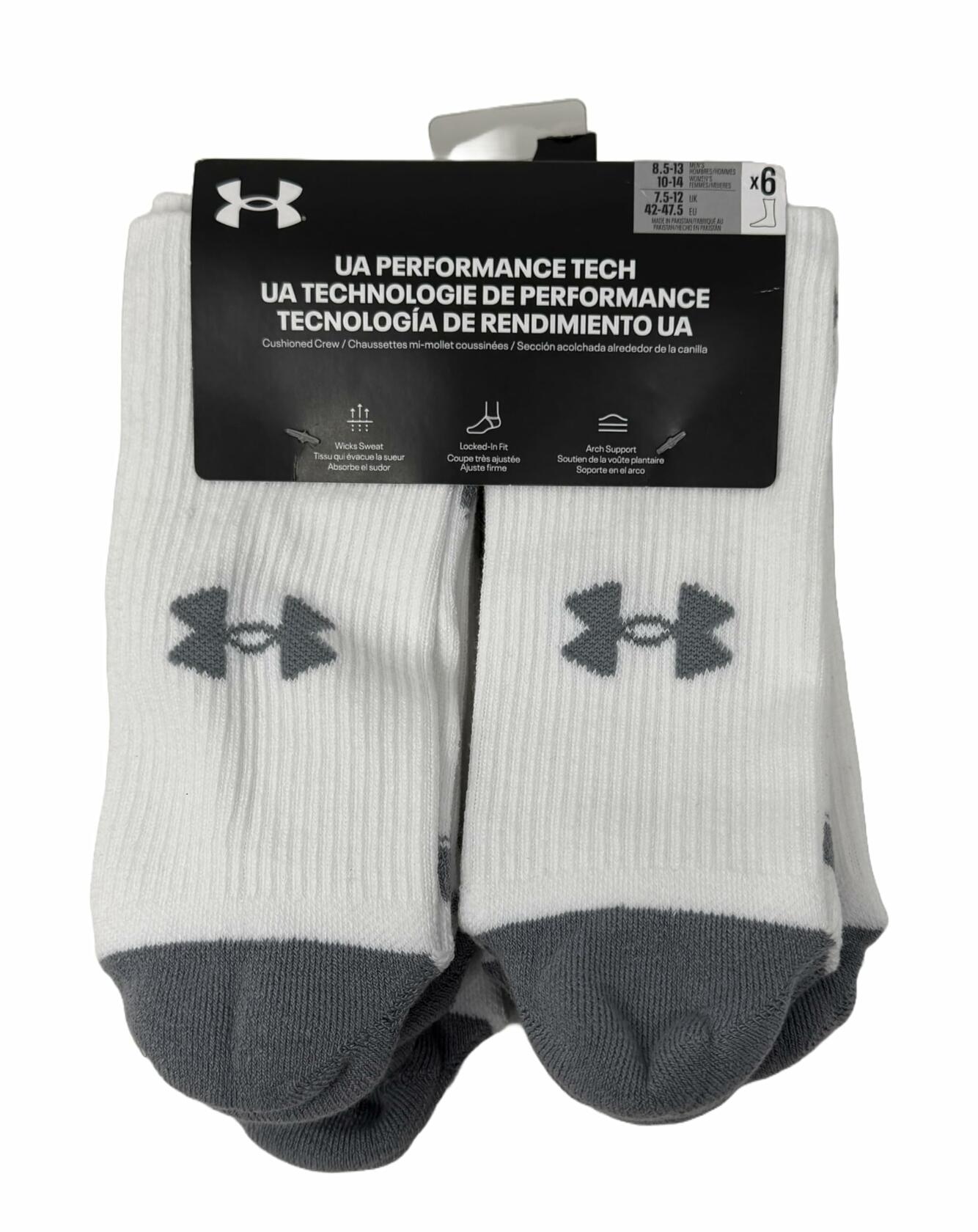 Under Armour Men's UA Performance Tech 6-Pack Crew Socks White L 8.5-13