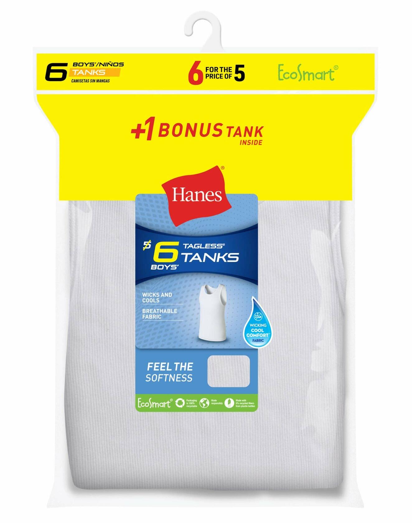 Hanes Tank 6-Pack Boys EcoSmart  (1 Free Bonus) Undershirt Underwear White XS