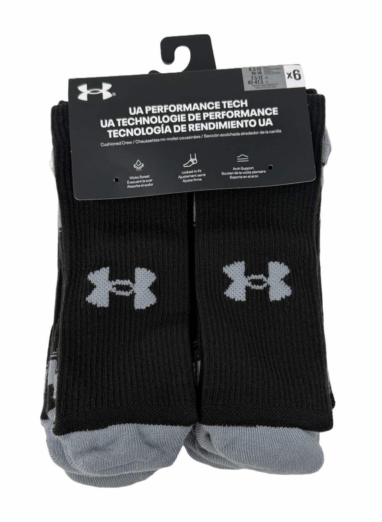 Under Armour Men's UA Performance Tech Cushioned Crew Socks - 6 Pack Black