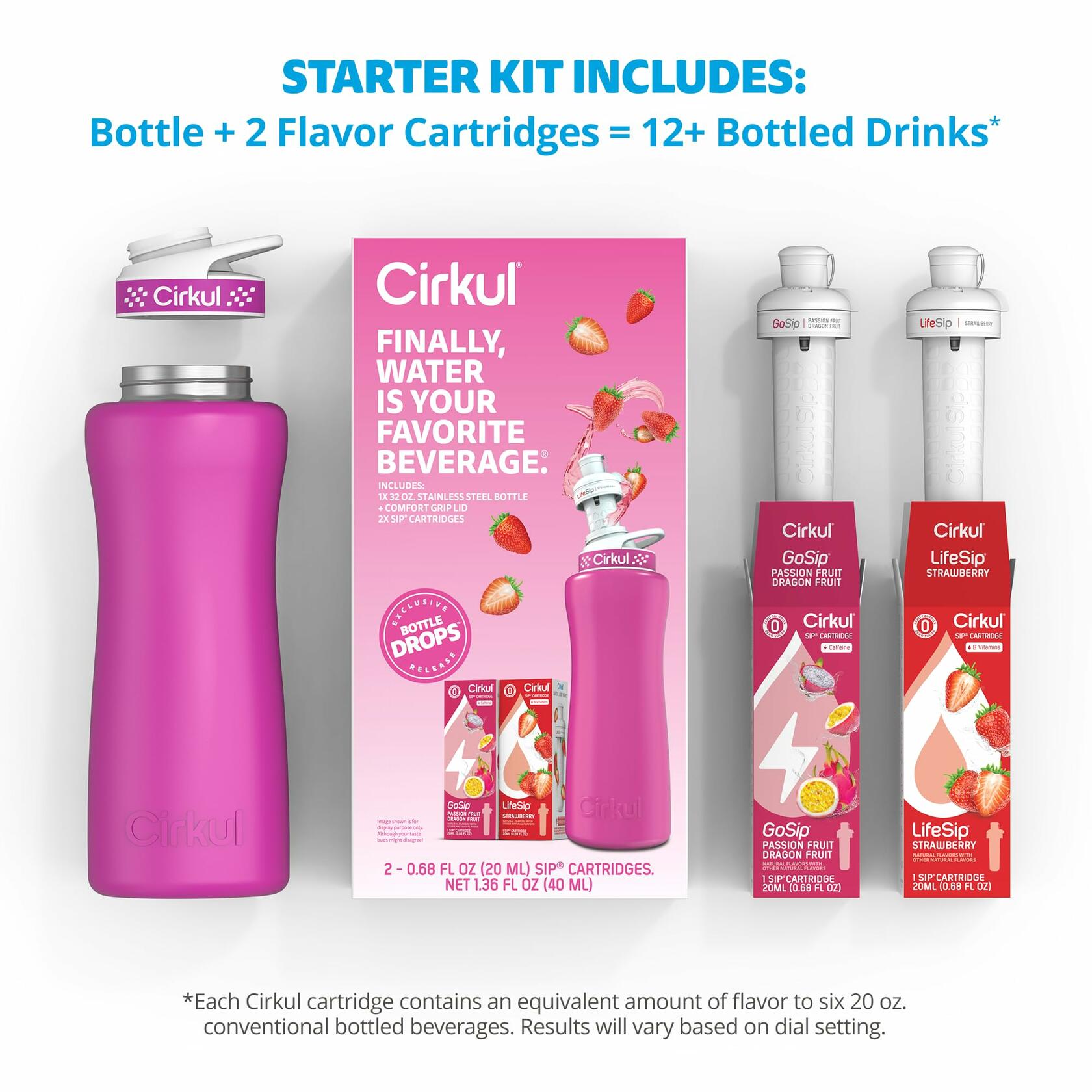 Cirkul 32oz. Hot Pink Stainless Steel Water Bottle Kit and 2 Flavor Cartridges