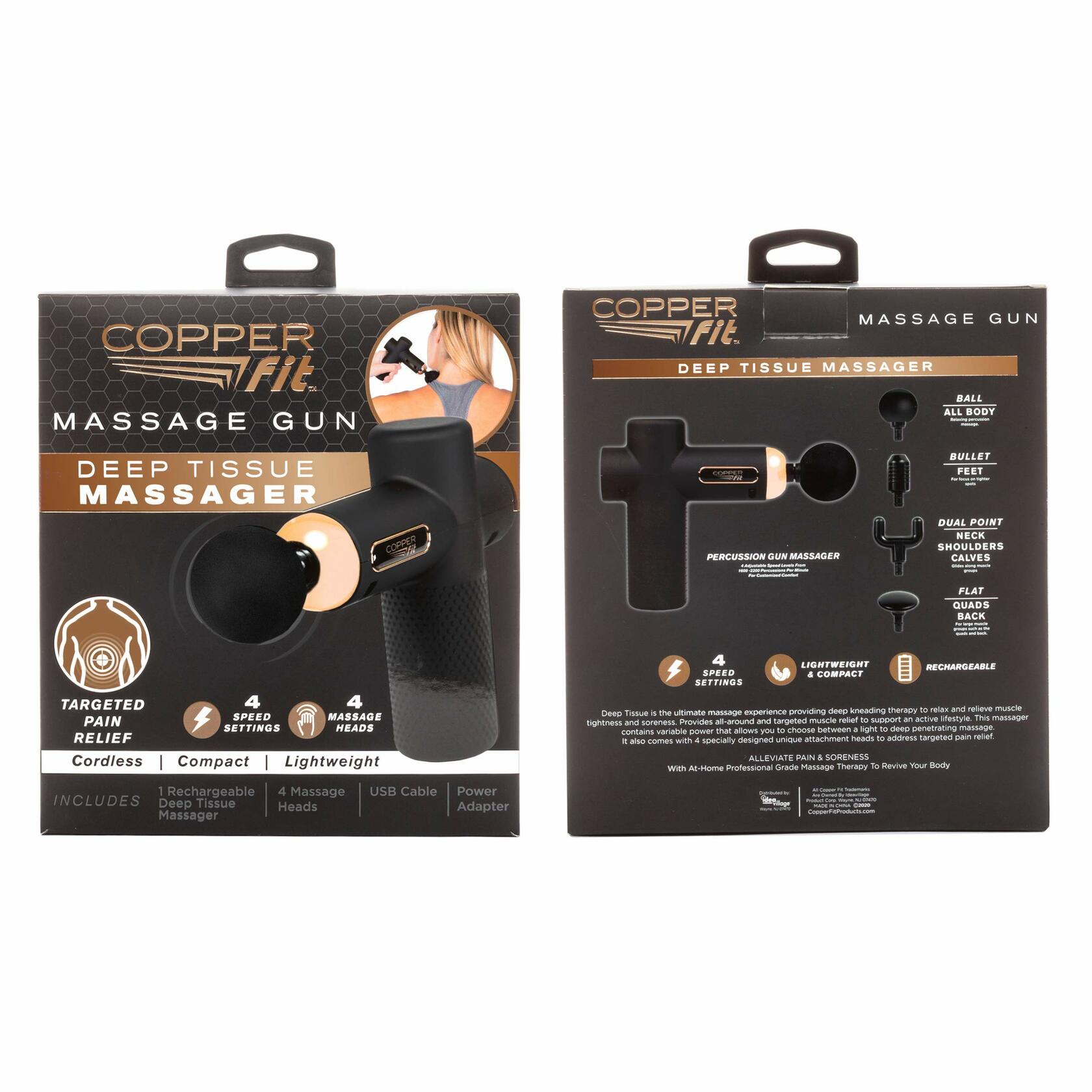 Copper Fit Unisex Adult Massage Gun, Rechargeable w/4 Massage Attachments, Black