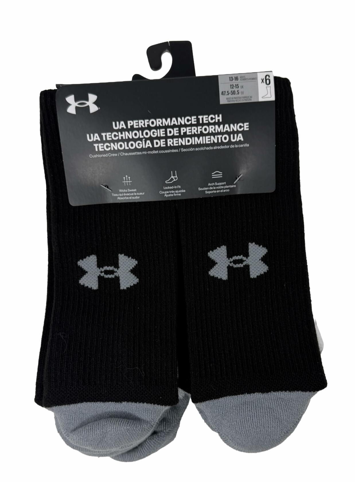 Under Armour Men's Perf Cushioned Crew Socks - 6 Pack X-Large, Grey/Black/White