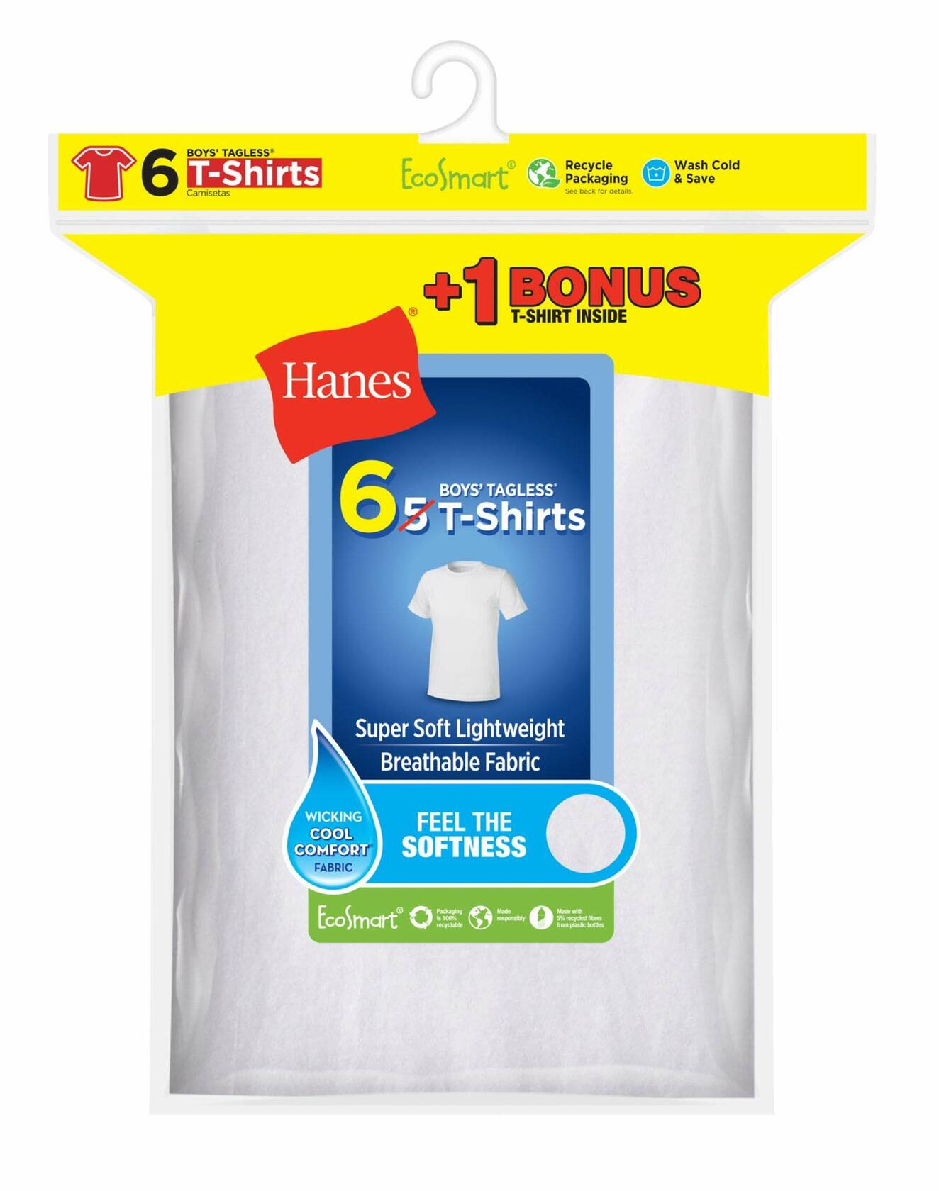 Hanes Boys' White Crew T-Shirt Undershirts, 5+1 Bonus Pack L (12-14)