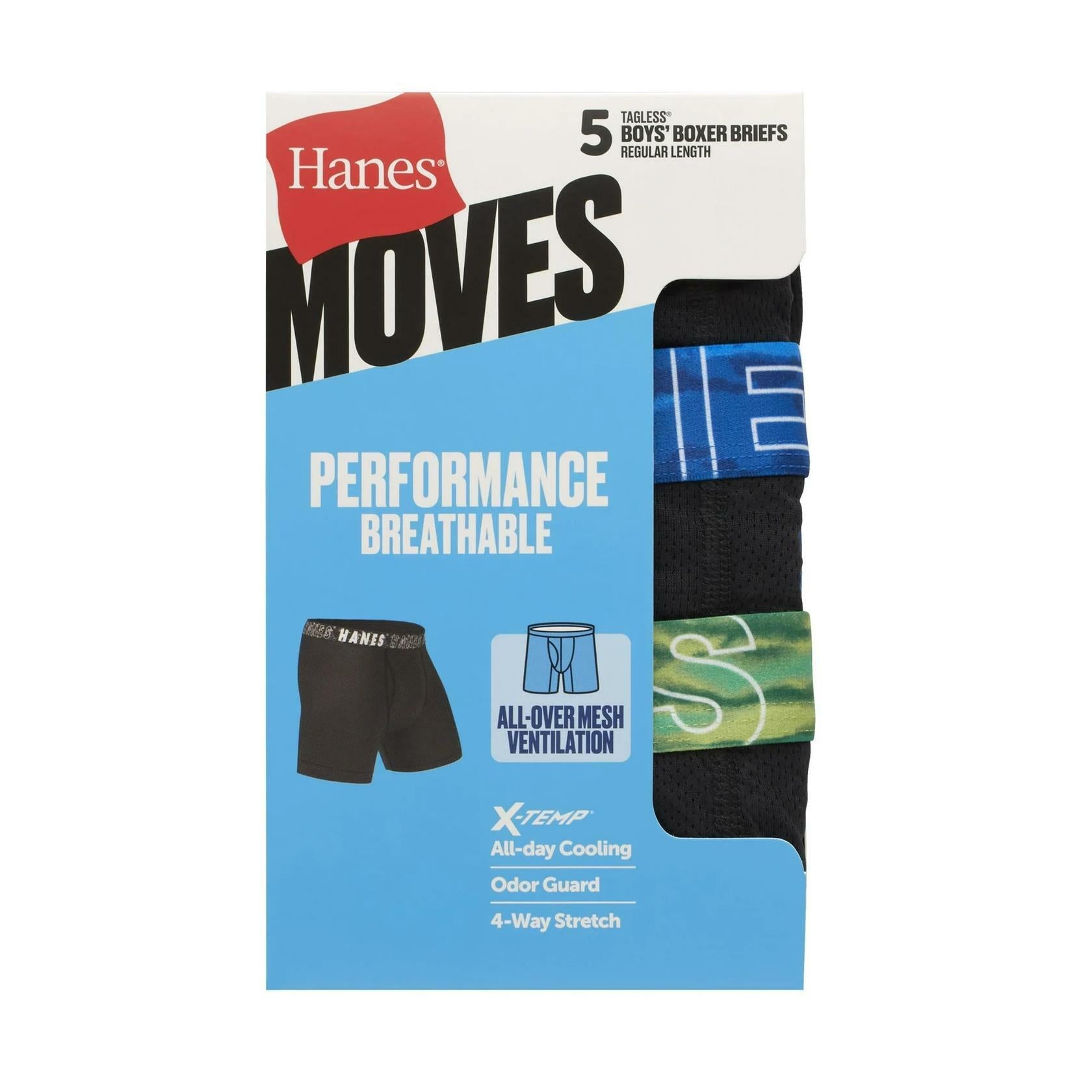 Hanes Boys Underwear Boxer Briefs, 5-Pack, Moves Breathable Mesh, X-Temp, Black