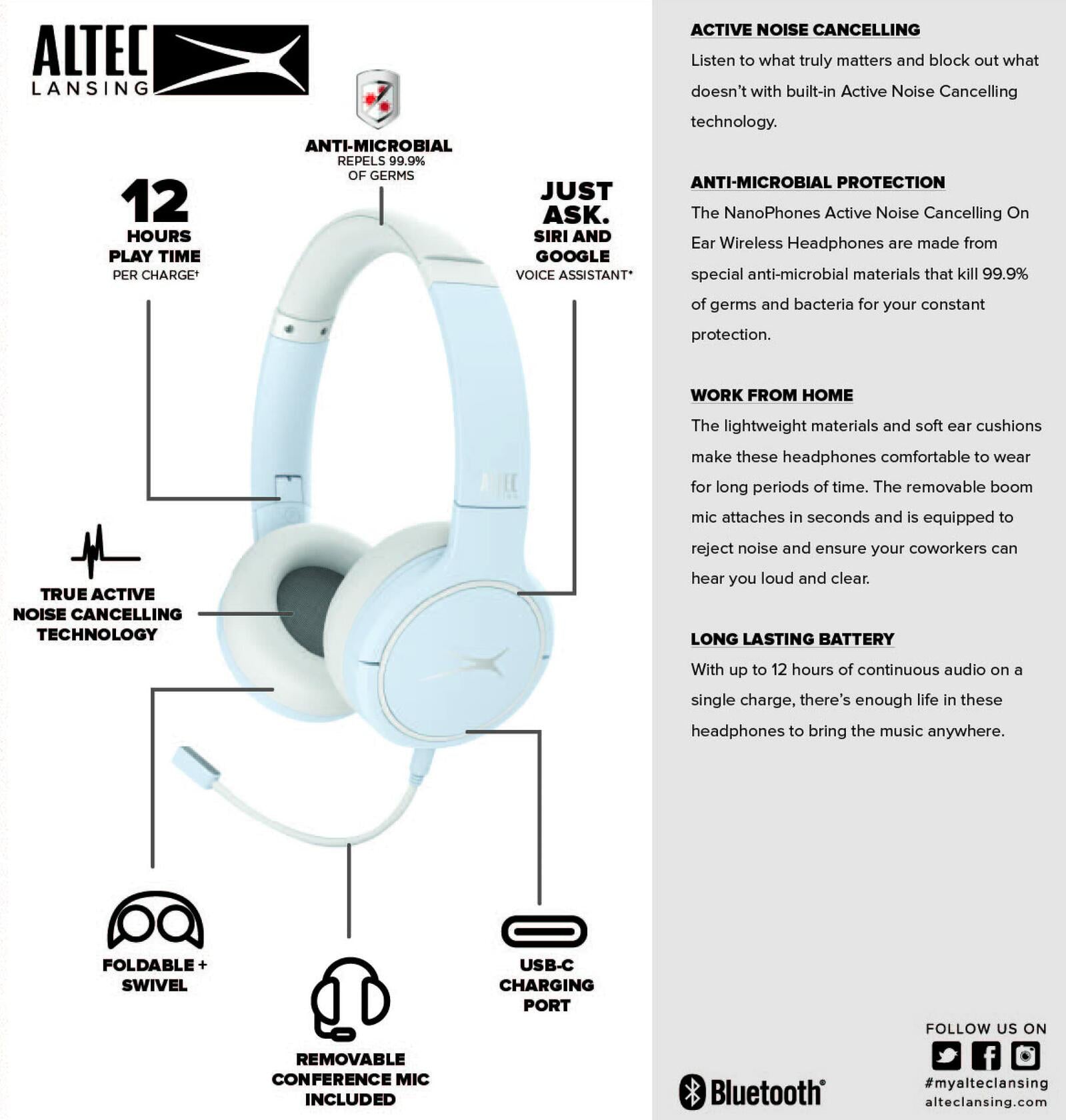 Altec Lansing Nanophones ANC Bluetooth Wireless Active Noise Cancelling Headphones On Ear Headphones (ICY)