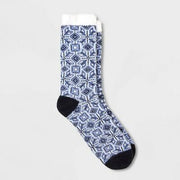 Women's Mosaic Pattern Double Lined Cozy Crew Socks - A New Day Blue/Cream 4-10