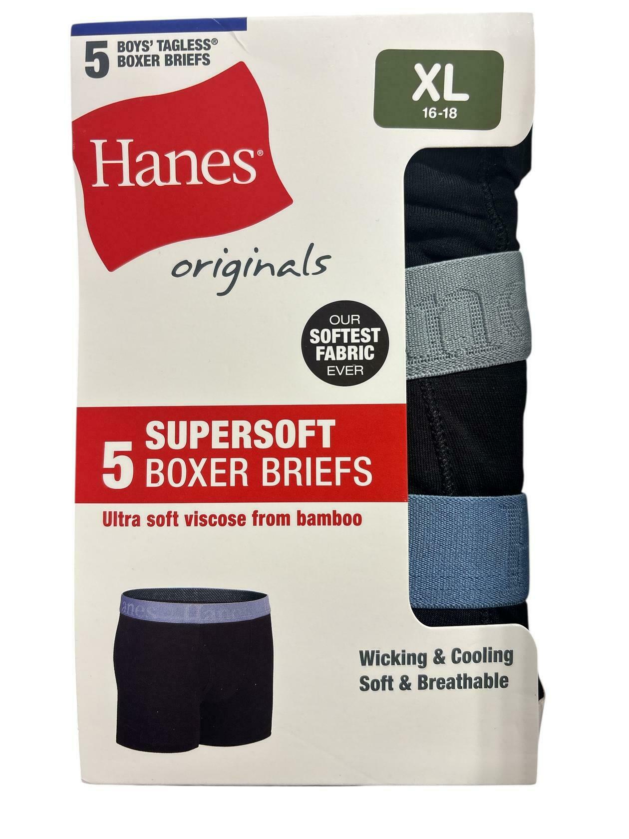 Hanes Originals Boys' SuperSoft Boxer Brief Underwear, Black, XL 5-Pack