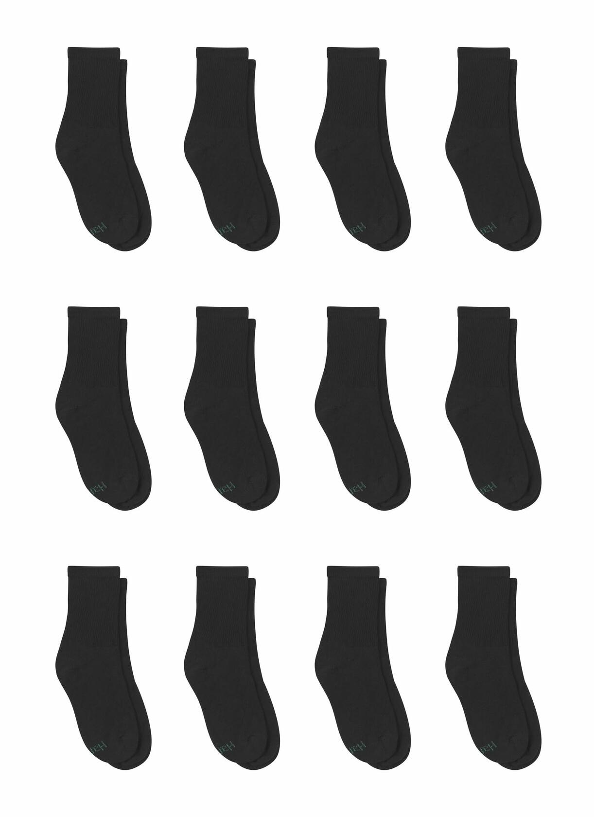 Hanes Crew Socks Pack, 12 Pairs Moisture-Wicking Boys' Socks, Black Large 3-9