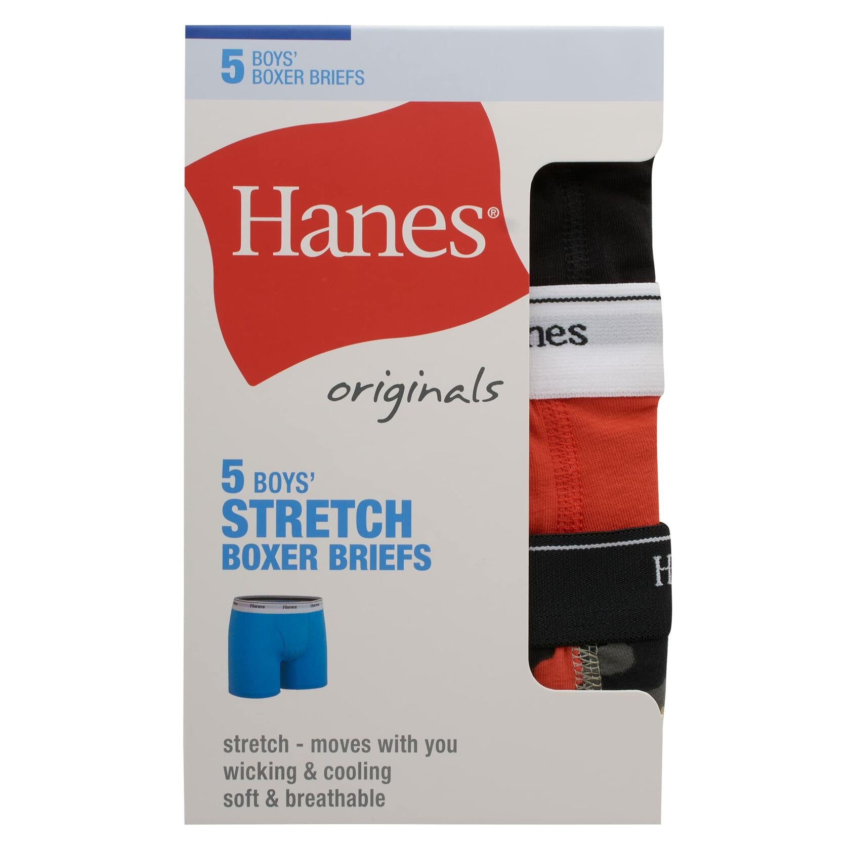 Hanes Originals Boys' Boxer Briefs, Stretch Cotton Underwear Assorted 5Pk Large
