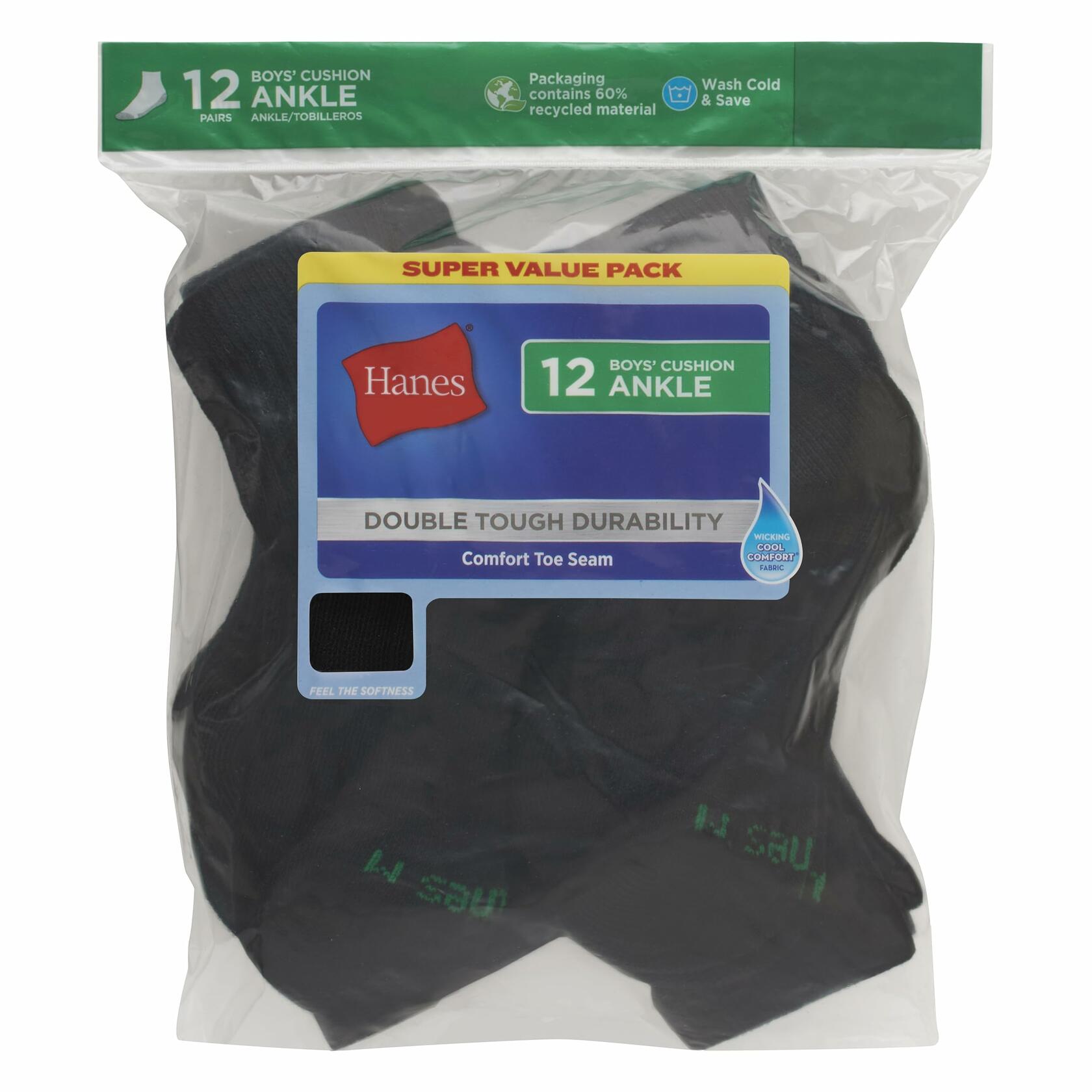 Hanes Boys Ankle Socks, 12 Pairs, Double Tough, Cushioned, Moisture-Wicking