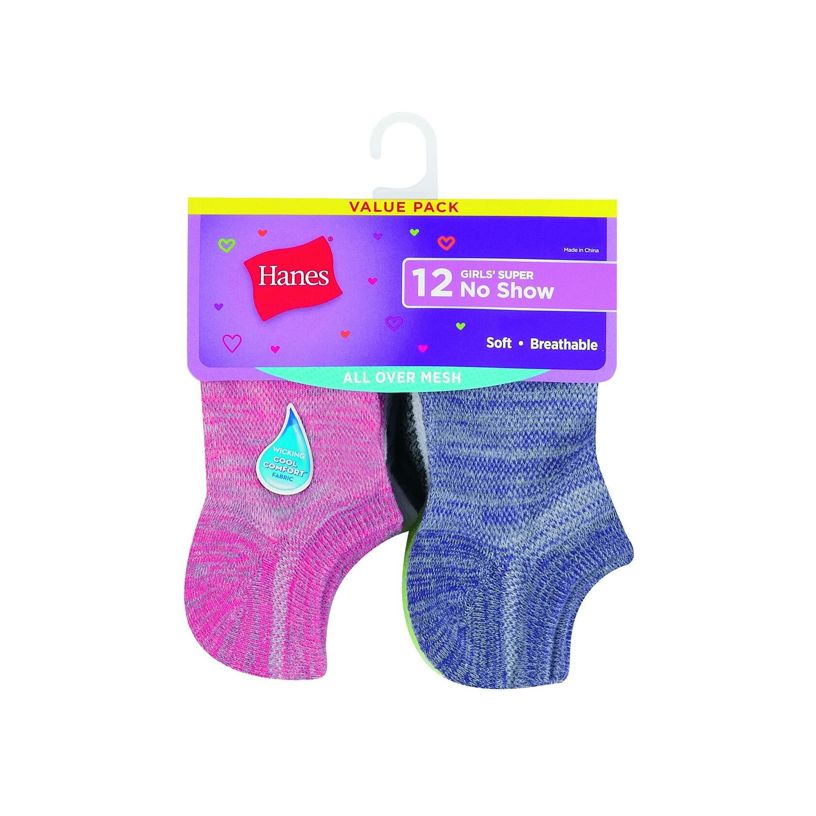 Hanes Medium-Shoe Size: 10.5-4 Girls Socks, 12-Pack, Assorted No Show, Big Kid