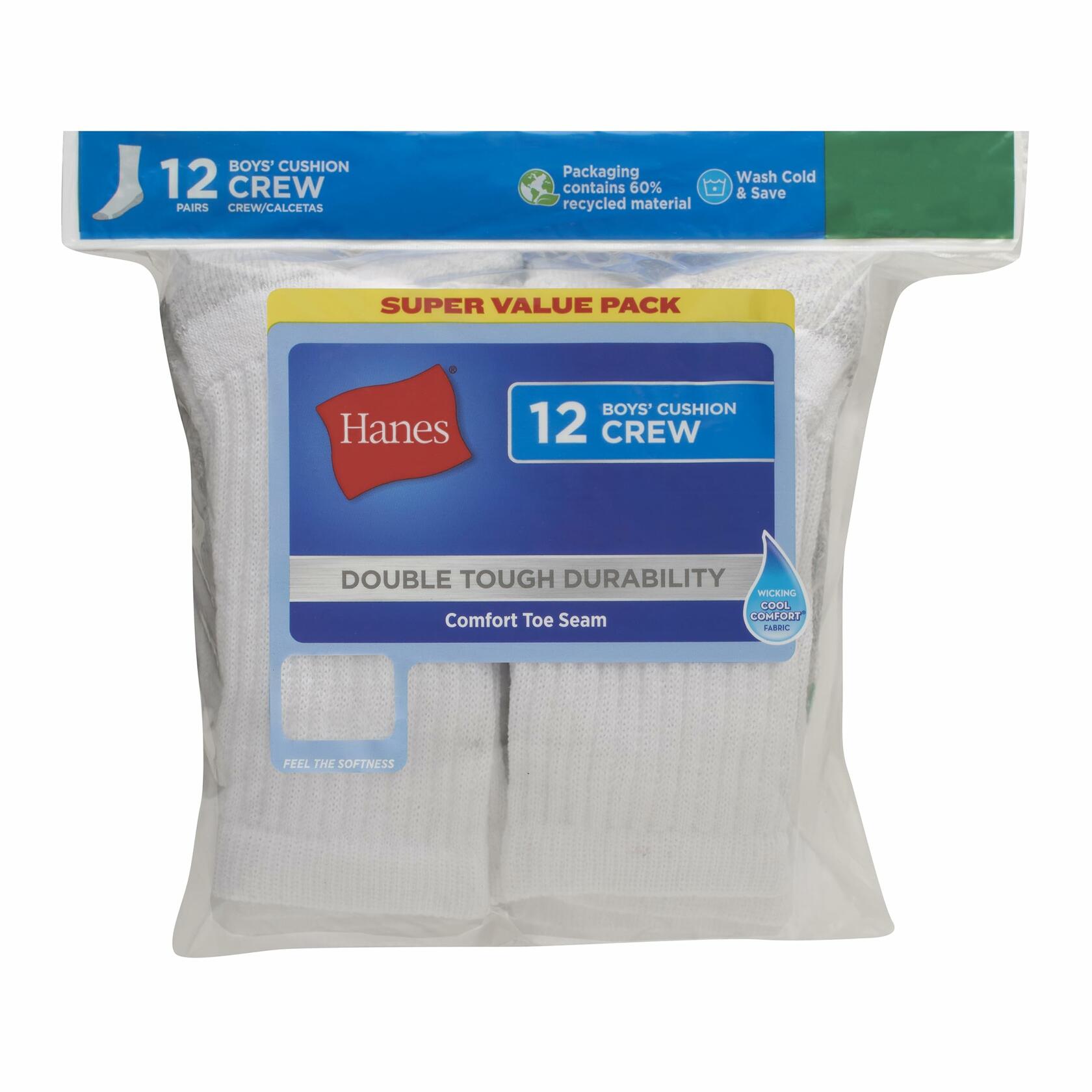 Hanes Crew Socks Pack 12 Pairs Double Tough Moisture-Wicking Boys Socks, White M