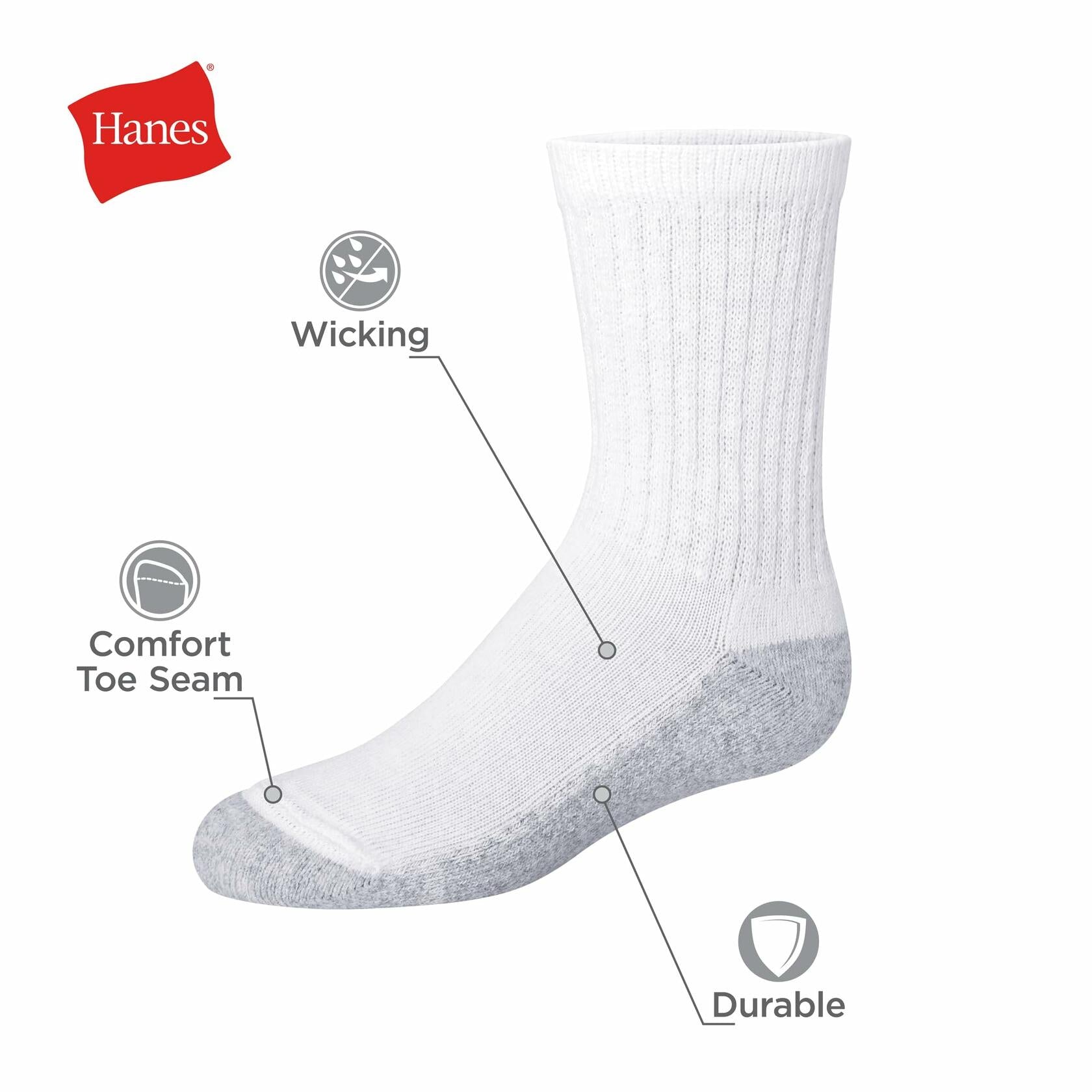 Hanes Crew Socks Pack 12 Pairs Double Tough Moisture-Wicking Boys Socks, White M