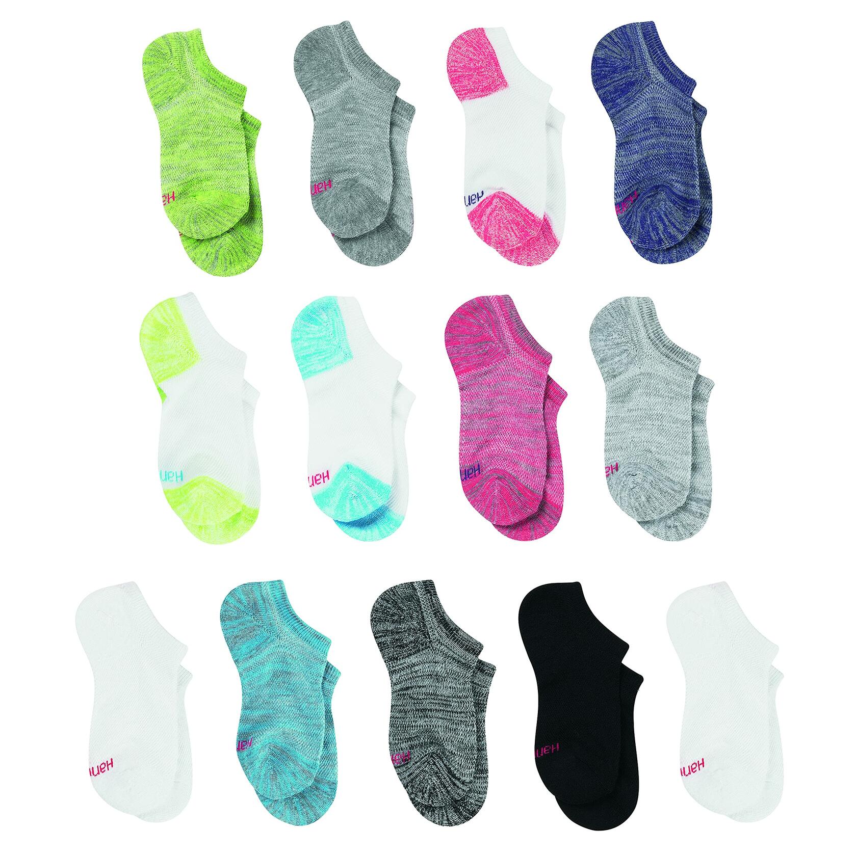 Hanes Medium-Shoe Size: 10.5-4 Girls Socks, 12-Pack, Assorted No Show, Big Kid