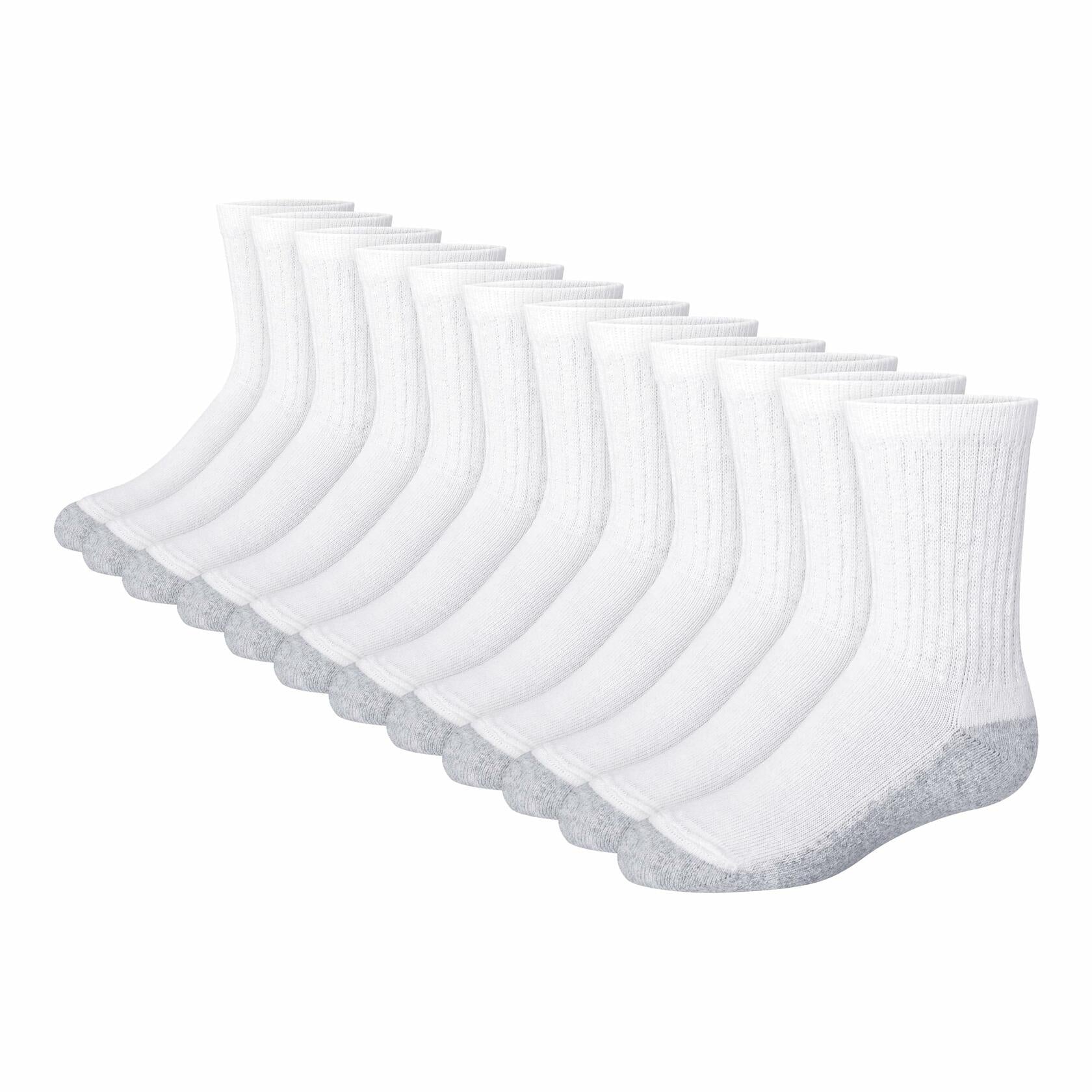 Hanes Crew Socks Pack 12 Pairs Double Tough Moisture-Wicking Boys Socks, White M