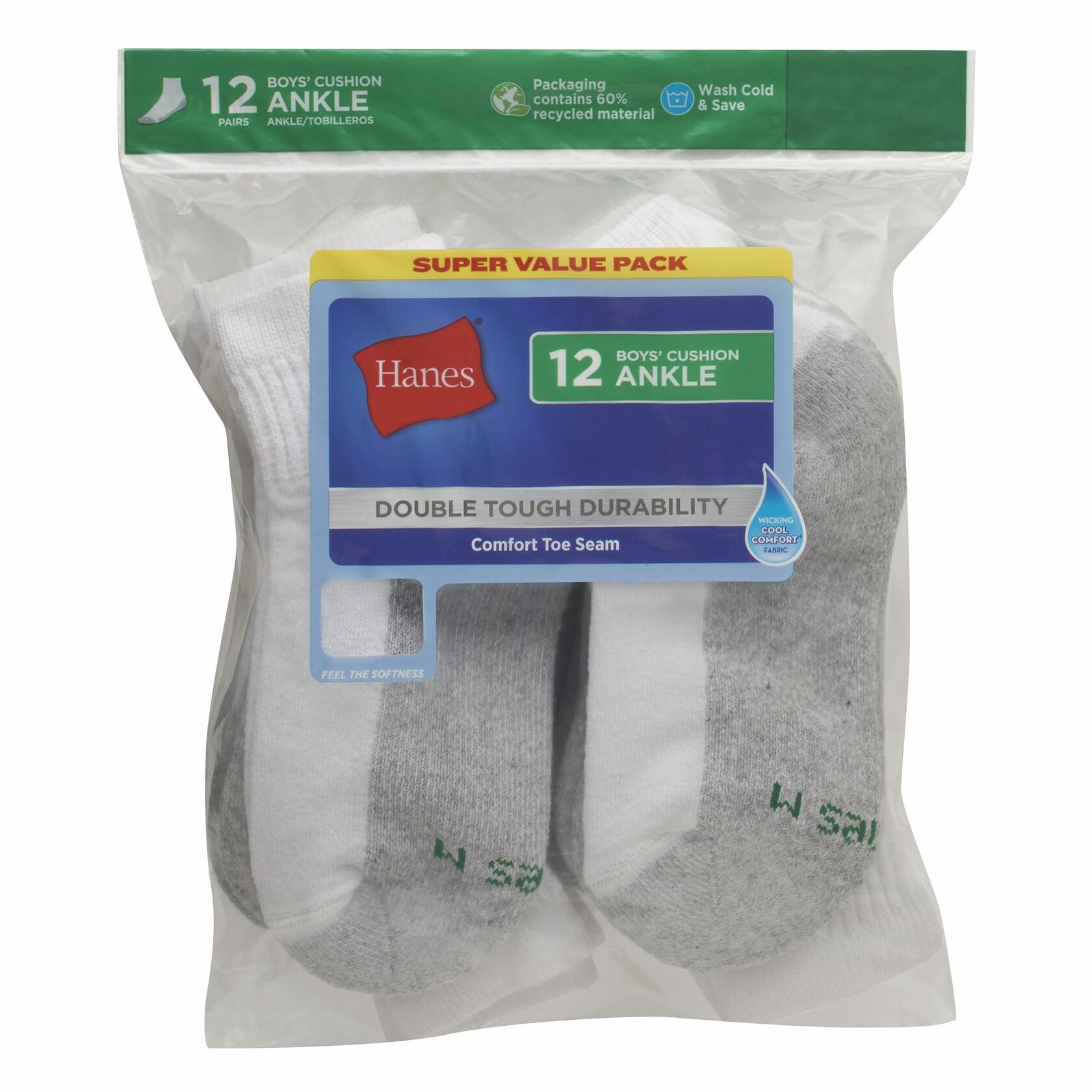 Hanes Boys Ankle Socks, 12 Pairs, Double Tough, Cushioned, Moisture-Wicking S