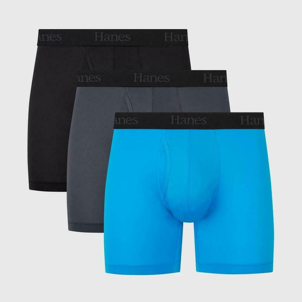 Hanes Originals Premium Super Stretch Boxer Briefs 3-Pack Blu/Gry/Blk XL