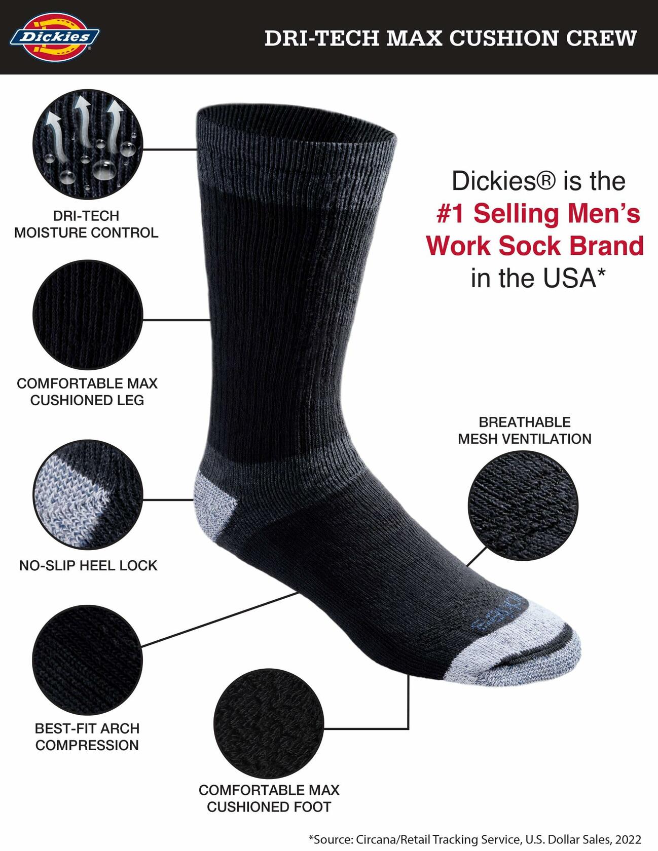Dickies Men's Dri-Tech Moisture Control Max Full Cushion Black (6 Pairs), Large
