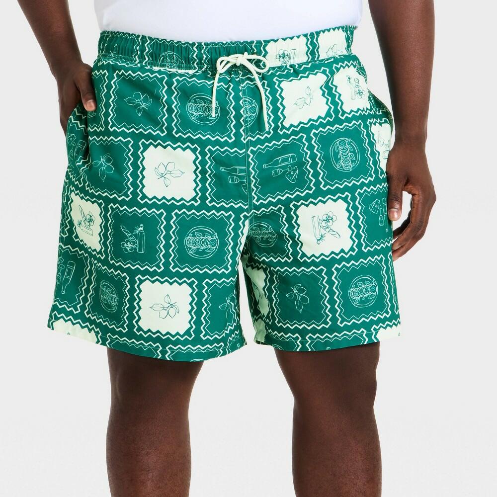 Men's Big & Tall 7'' Patterned Swim Trunks - Goodfellow & Co™ Green Tile 4XL