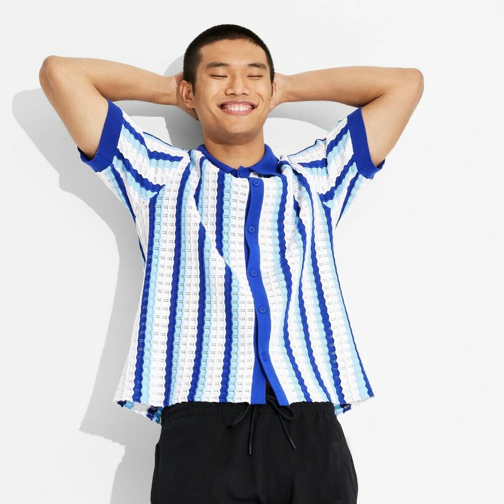 Men's Short Sleeve Knit Button-Down Shirt- Original Use™ Blue S: Casual Polo