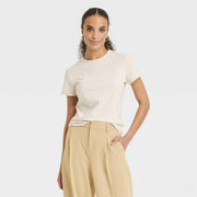 Women's Short Sleeve T-Shirt - A New Day™ Cream L: Cotton Spandex Blend