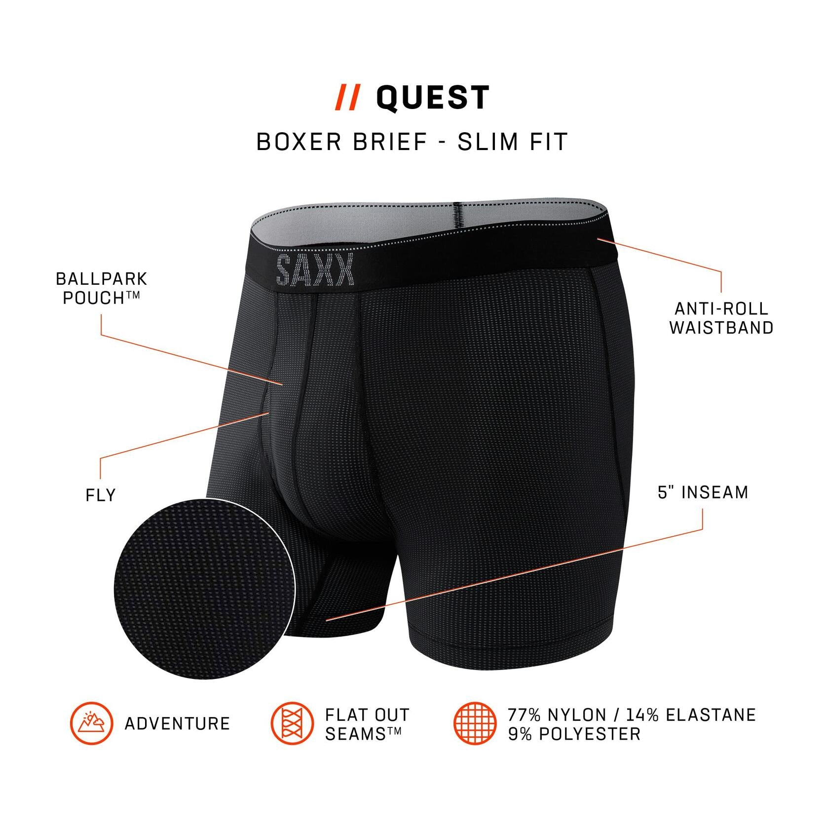 SAXX Men's Underwear w/Pouch Quest Quick Dry Mesh Boxer Brief Fly Black Ii Small