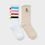 Pride Adult Out Loud & Proud and Rainbow Crew Socks 2pk - Oatmeal Striped S/M