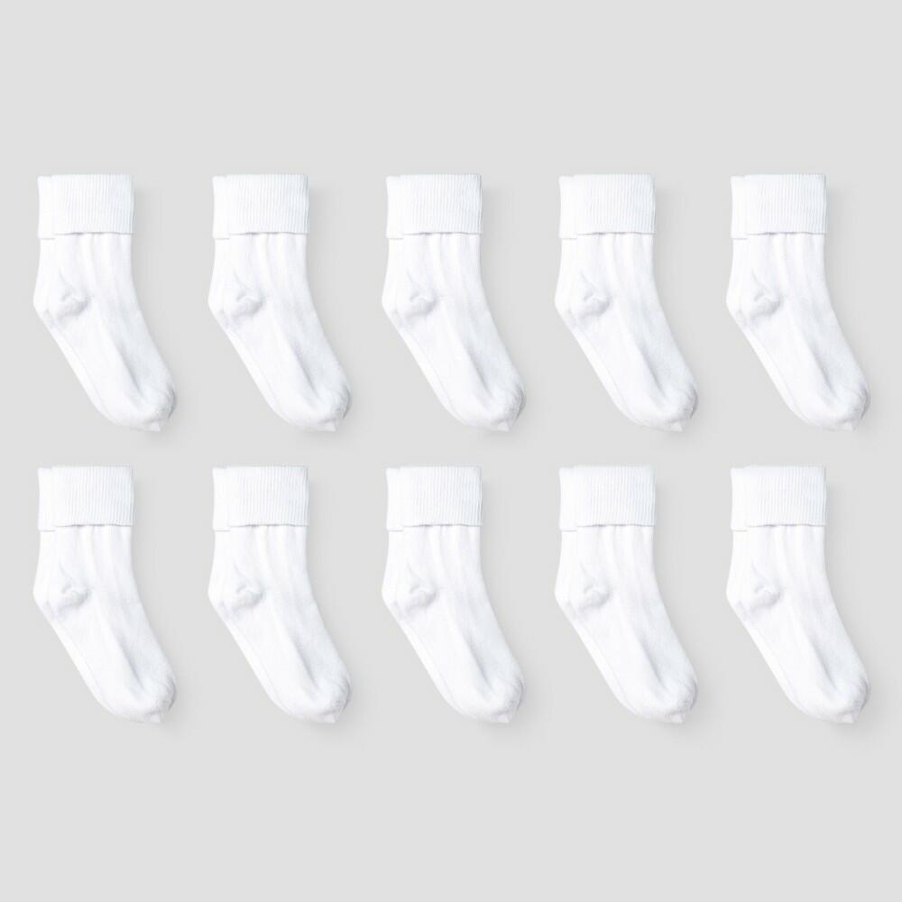 Girls' 10pk Turn Cuff Crew Athletic Socks - Cat & Jack™ White M