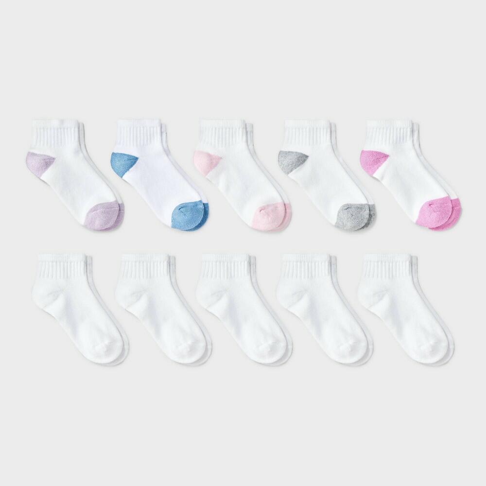Girls' 10pk Ankle Socks - Cat & Jack™ White L: Cushioned Heel & Toe, Knit
