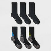 Boys' 6pk Crew Socks - All In Motion™ Black M: Arch Support, Smooth Seams