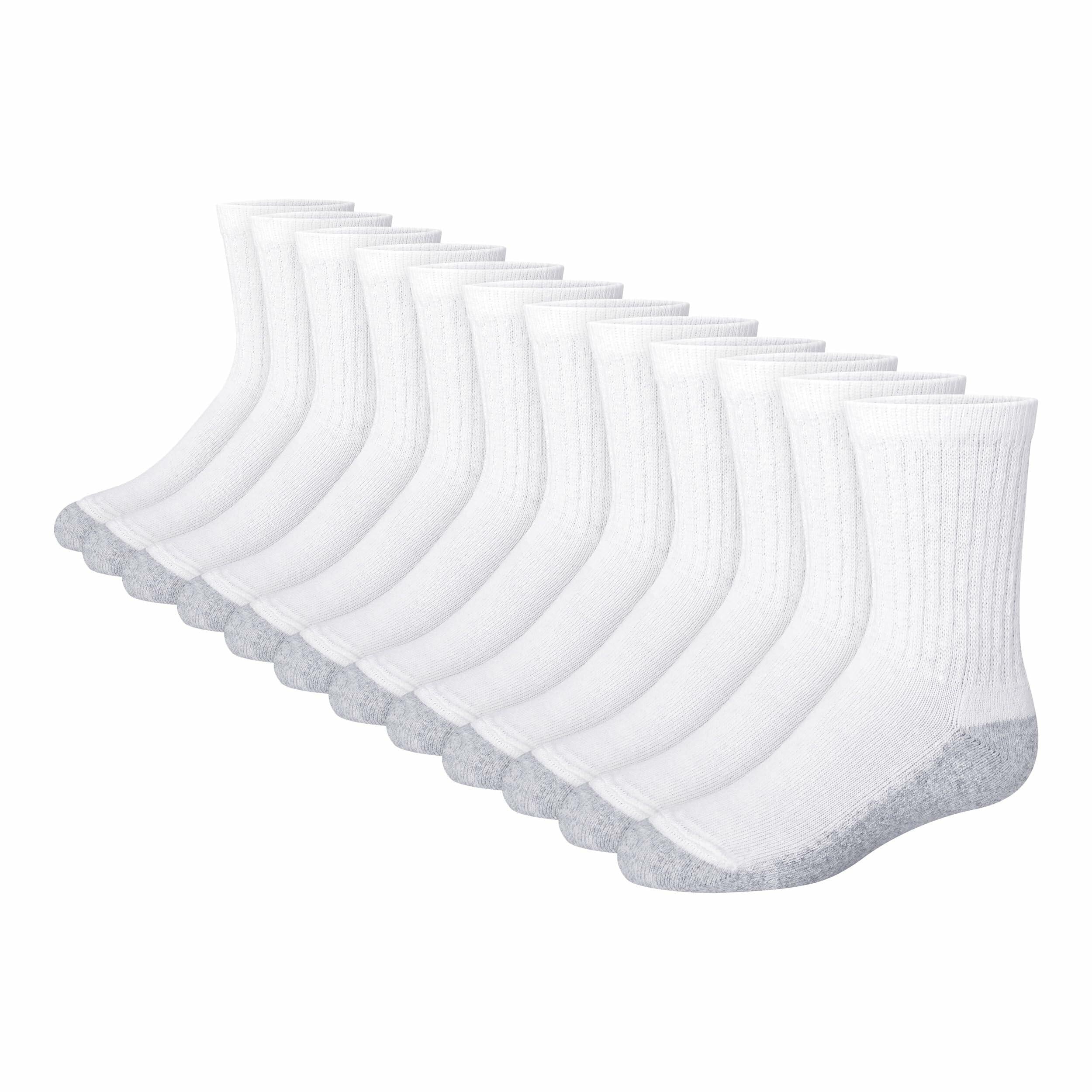Hanes Boys Socks, Double Tough Cushioned Crew 12-pair White/Grey Bottom, Large