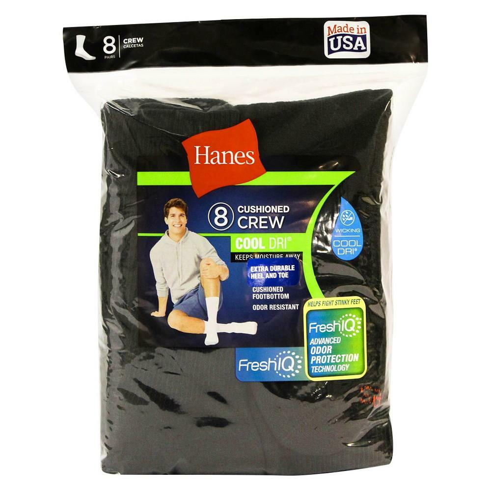Men's Hanes 8pk Crew Socks with FreshIQ - Black 6-12: Cotton Blend