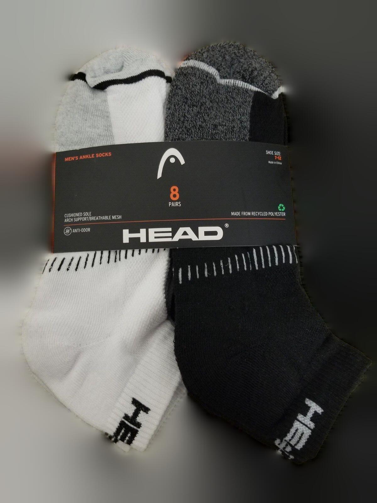 Head Mens 8 Pair Cushioned Ankle Socks, Black/White Shoe Size 7-12