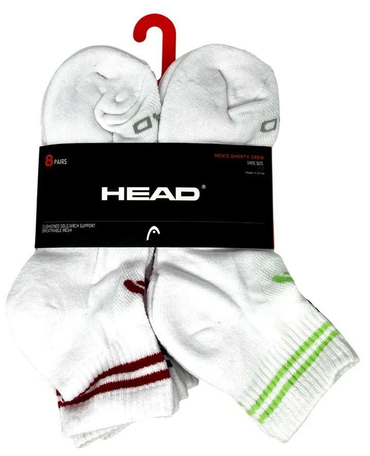 HEAD MEN'S SHORTY CREW 8 PAIRS SOCKS WHITE SHOE SIZE 7-12