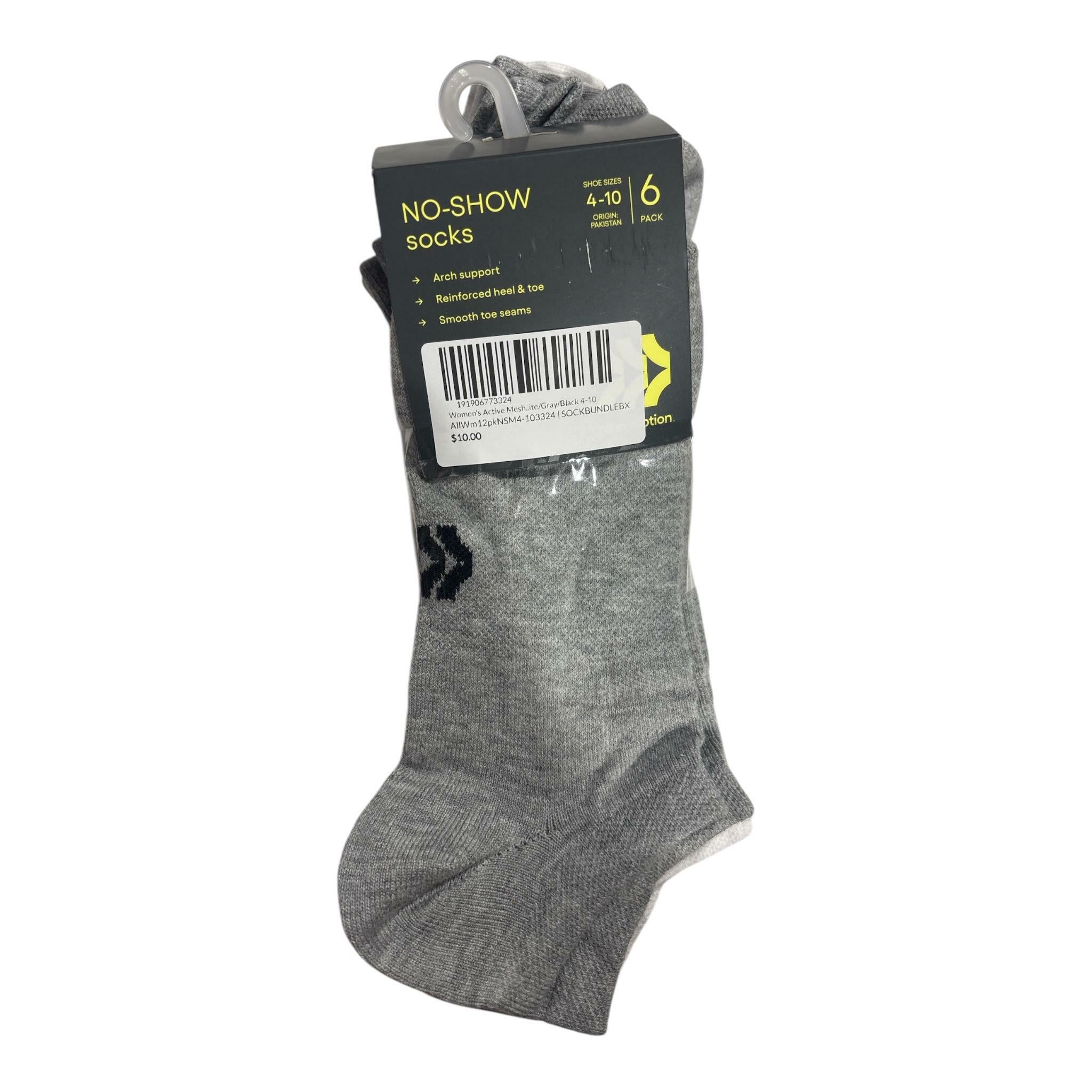 Women's Active Mesh 2) 6 Packs No Show Socks All In Motion White/Gray/Black 4-10