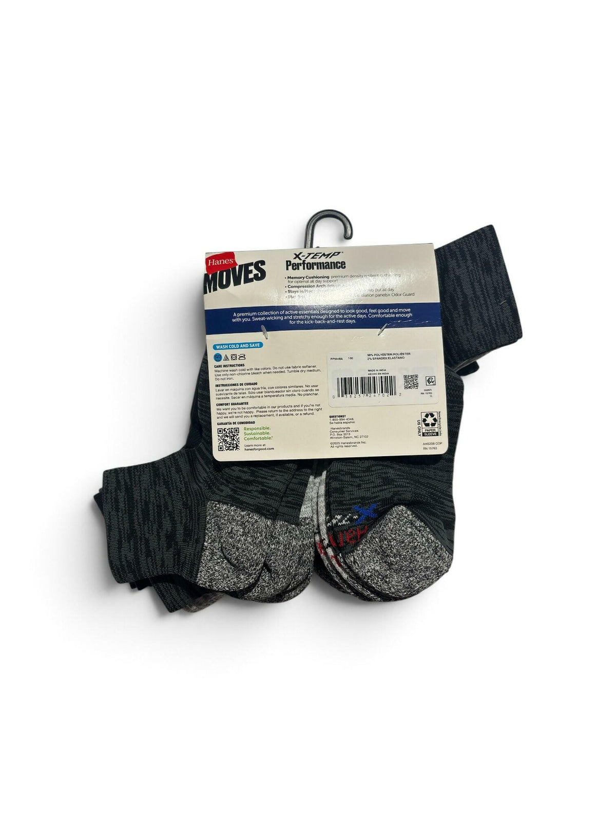 Hanes Moves Premium X-Temp Performance Men's Ankle Socks – 6 Pairs – Black/Gray